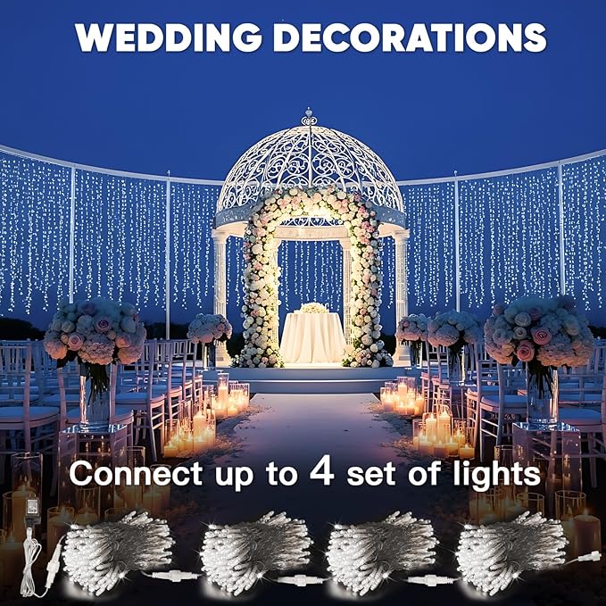 suddus Curtain Lights Outdoor String Lights for Bedroom Window Wall Wedding Party White 300 LED