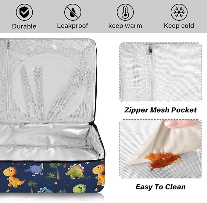 Casserole Carrier Playful Cartoon Dinosaurs PatternInsulated Casserole Carrier for Hot or Cold Food Thermal Lunch Tote for Potluck Parties Picnic Beach Fits 9 x 13 Inches Baking Dish