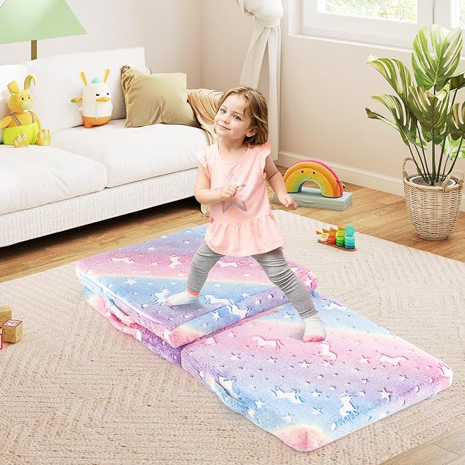 Costzon Foldable Floor Mattress for Kids Glow in The Dark Toddler Floor Nap Mat w/Washable Flannel Cover Tri-Folding Children Floor Bed for Sleeping Daycare Playroom School Kindergarten or Nursery