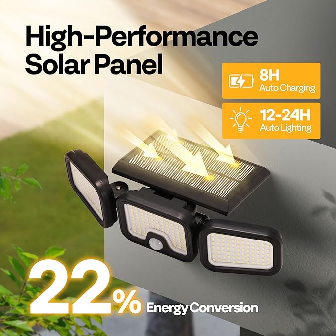 VIVOHOME Solar Flood Lights Outdoor 256 LED 2500LM Motion Sensor Lights 3 Adjustable Heads Security Lights IP65 Waterproof 270° Wide Lighting Angle Solar Powered Lights for Porch Yard 3 Pack