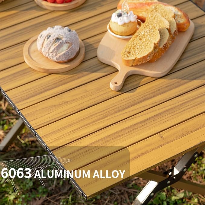 Whitsunday Folding Camping Table Aluminum Portable Roll-Up Picnic Table 4-6 Person for BBQ Backyard Patio Party Wood Grain 34.6 * 23.6 * 17.3