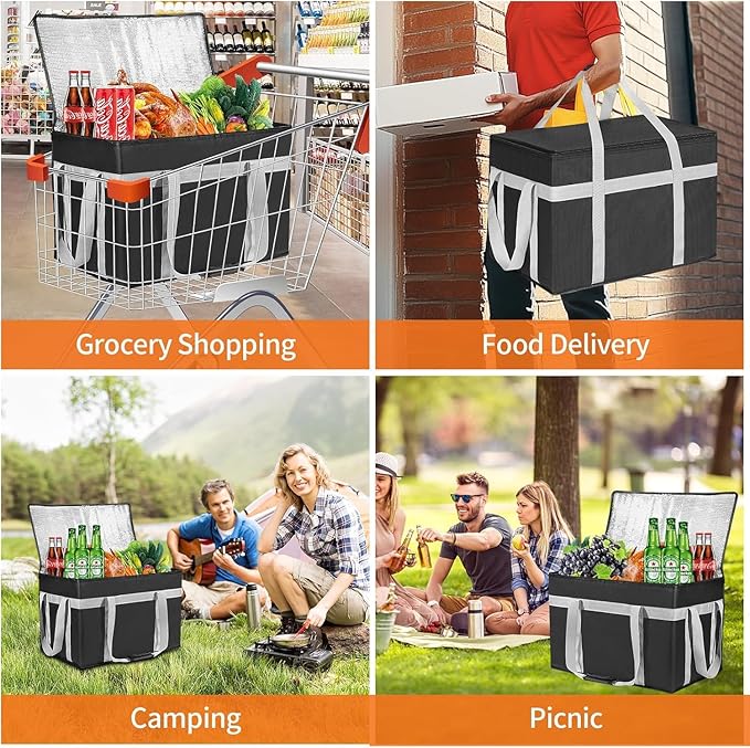 XXXL 2 Pack Insulated Food Delivery Bag with Removable Hard Bottom Reusable Insulated Grocery Bag for Hot and Cold Food Catering Cooler for Doordash Warmers Parties (Black+Red)