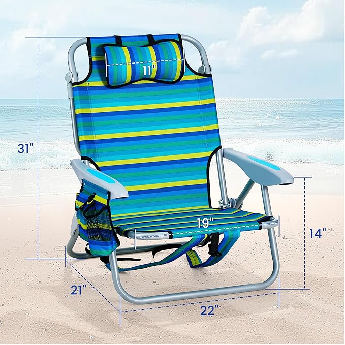 Portable Beach Chair for Adults Outdoor Lightweight Camping Chair Lay Flat Folding Backpack Beach Reclining Chair with 5 Positions Headrest Zipper Pouch Cup Holder Striped