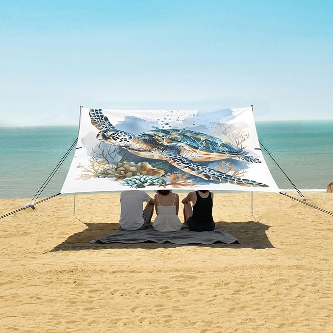 ALAZA Watercolor Turtle Beach Tent Sun Shelter UPF50+ Protection Beach Shade Canopy w/ 4 Sandbags for Outdoor Camping Fishing Backyard Fun Picnic 10x9 ft