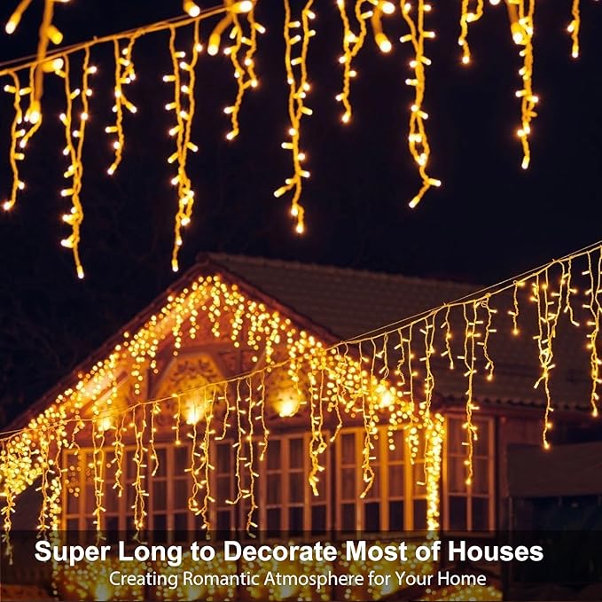 LED Icicle Lights for Outdoor Christmas Decorations98.4Ft 1000 LEDs Christmas Fairy Light with Timer&ampMemory Function8 Lighting ModesPlug in hanging Curtain Lights for Xmas Party Wedding(Warm Wh