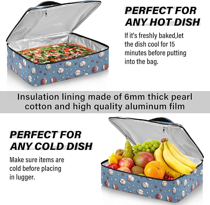 Casserole Carrier Baseball Pattern PrintInsulated Casserole Carrier for Hot or Cold Food Thermal Lunch Tote for Potluck Parties Picnic Beach Fits 9 x 13 Inches Baking Dish