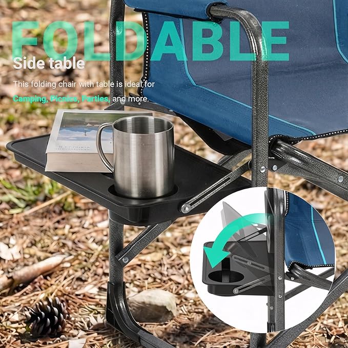 Overmont Oversized Lightweight Camping Chair - Portable Comfortable Heavy Duty Foldable Directors Chairs with Side Table &amp Cooler Bag for Outside Camp Beach Picnic Lawn and Fishing Supports 400lbs
