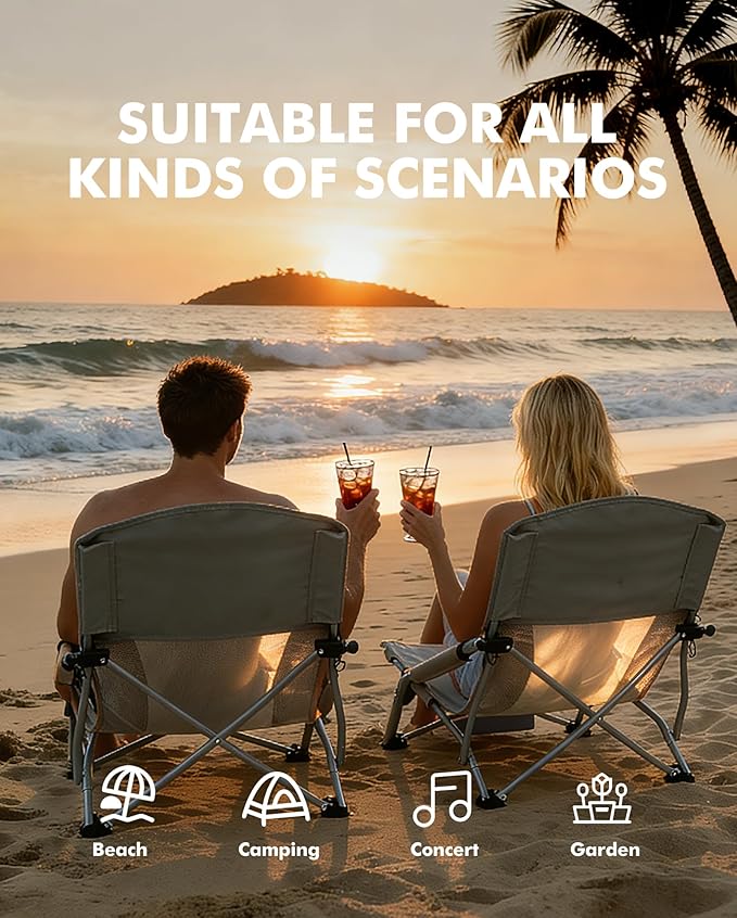 AKSOUL Folding Beach Chair for Adults: Low/High Back Chairs with Carry Bag - Extra Wide Seat Chair with Comfortable Pillow &amp Storage Pocket (1 Pack &amp 2 Pack Blue)