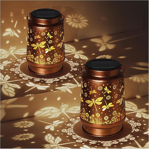 2 Pack Dragonfly Solar Lanterns Outdoor Waterproof Rose Garden Decor Gifts for Women Mom Grandma Hanging Solar Lights Metal Lantern Decoration Outside for YardPatioBackyardPorch
