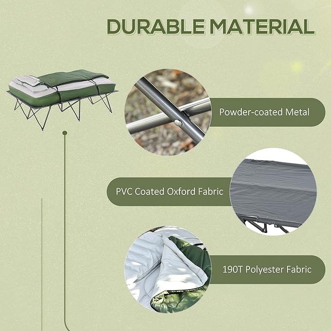 Outsunny 2-Person Folding Camping Cot Portable Outdoor Bed Set with Sleeping Bag Inflatable Air Mattress Comfort Pillows and Carry Bag Soft and Comfortable for Outdoor Travel Camp Beach Vacation