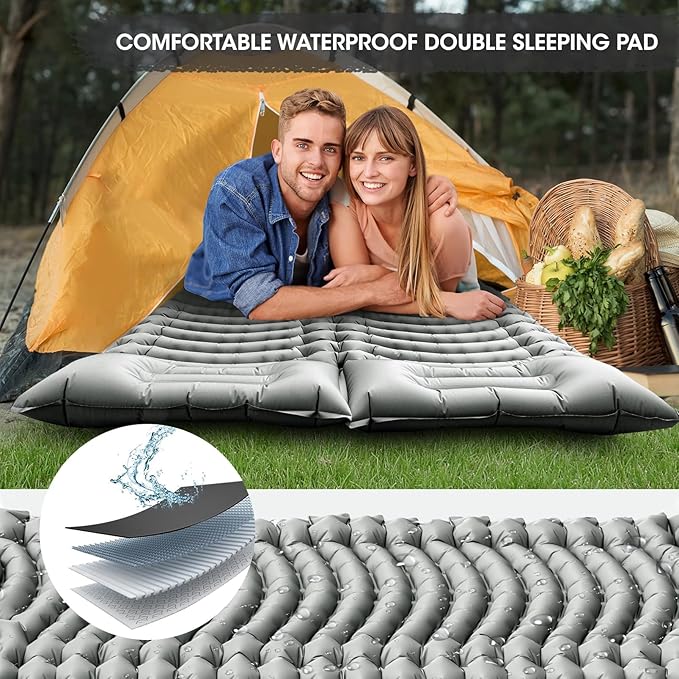 Double Sleeping Pad Self-Inflating 4 Thick for 2 Person Camping - Built-in Foot Pump Ergonomic Pillow &amp Ultra-Portable Design for Backpacking Hiking Tent Use