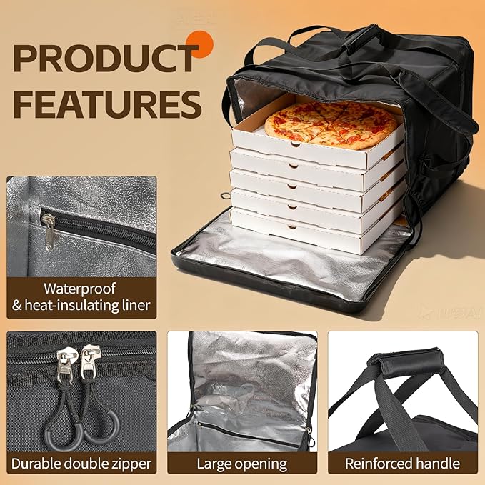 Insulated Heated Pizza Delivery Bag with Handle - Portable Vehicle Food WarmerPadded Heated Pizza Carrier Bag with12-volt Cigarette-lighter Power Port