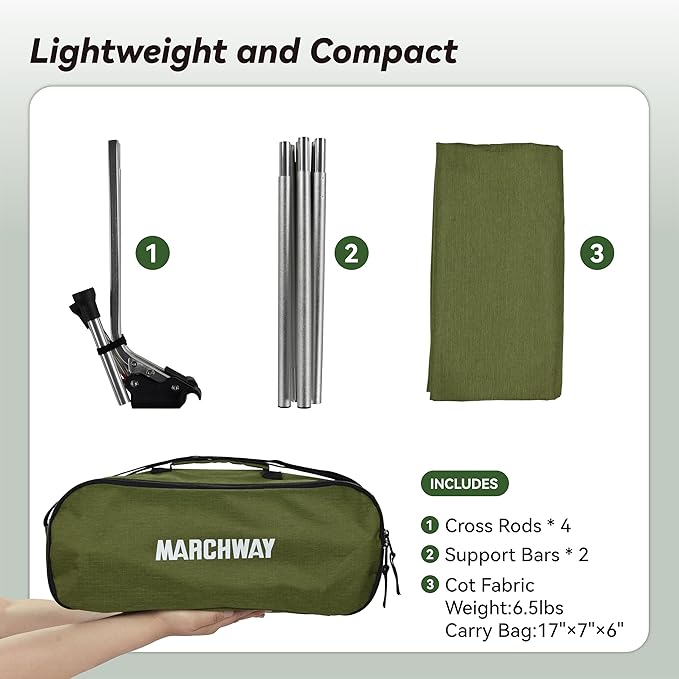 MARCHWAY Lightweight Folding Tent Camping Cot Bed with Lever Lock Easy Setup Portable Compact for Outdoor Travel Hunting Hiking Motorcycling Support 330Lbs (Army Green)