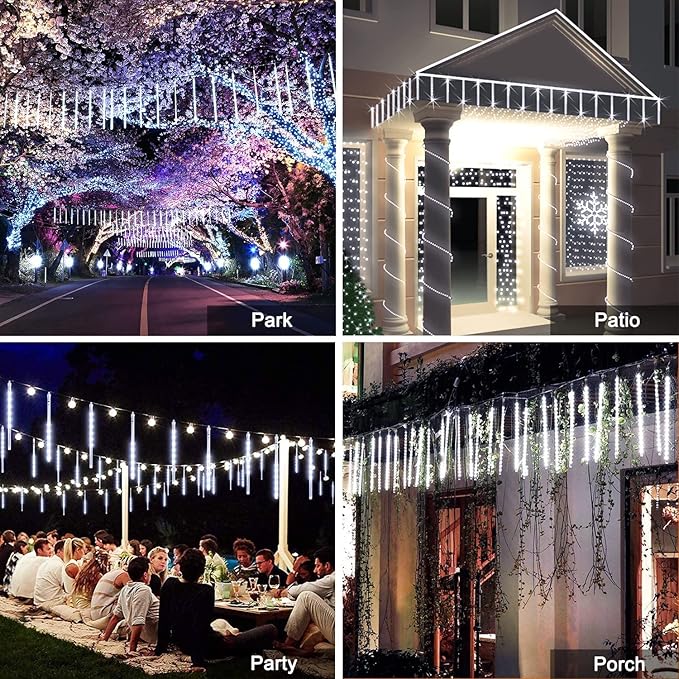 JMEXSUSS 2 Pack Solar Christmas Meteor Shower Lights 16 Tube 288 LED White Solar Christmas String Lights Outdoor Waterproof for Tree Patio Garden Wedding Party Decorations