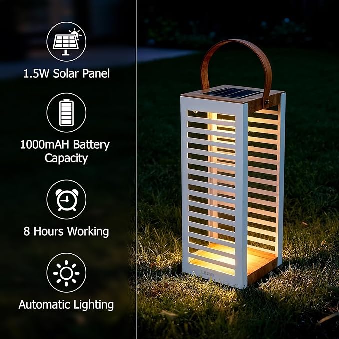 Solar Lantern with Handle - Outdoor Metal Solar Light (7.87×19.69) Waterproof &amp Rustproof 8H Auto-On Warm White Light Portable for Patio Porch Balcony &amp Garden Decor (White - 1 Pack)