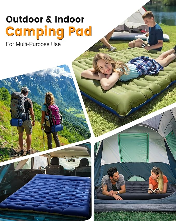 Double Sleeping Pad for Camping 5.9 Inch Thick Self Inflating Sleeping Mat for Camping with Built in Pillow and Foot Pump 2 Person Camping Mattress for Backpacking Hiking