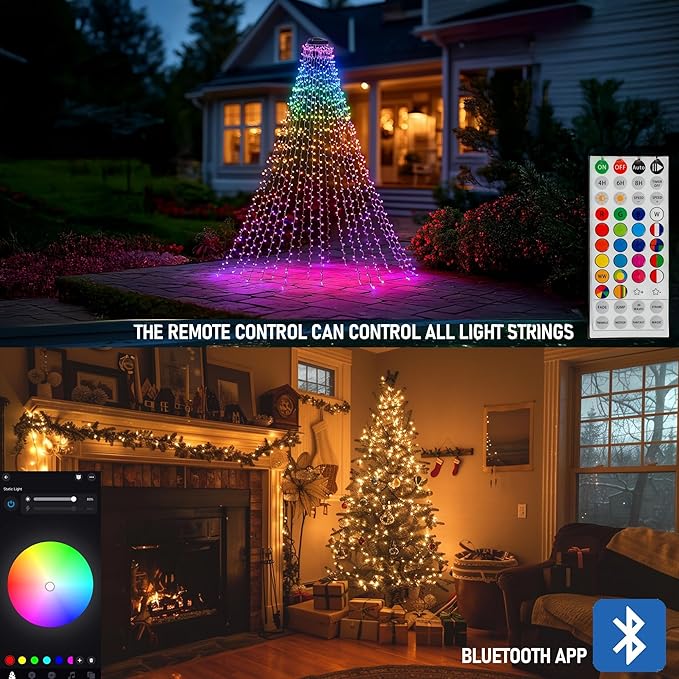 Dazzle Bright Smart Christmas Tree Lights 448 LED Color Changing Waterfall Tree Topper Lights with Remote &amp APP 8.2FT X 16 Lines RGB Christmas Light for Indoor Outdoor Party Xmas Decoration