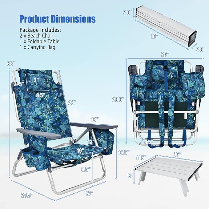 Backpack Beach Chair 5 Position Adjustable Camping Chairs with Aluminum Table Head Pillow Cooler Bag Cup Holders Folding Beach Chairs for Adults (with Table Blue Leaves)