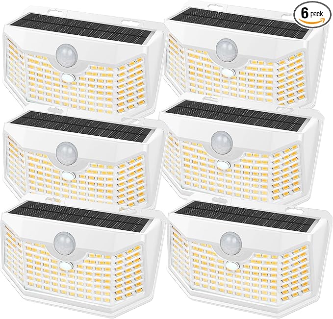 HMCITY 120 LED Solar Lights Outdoor with Motion Sensor and 3 Lighting Modes IP65 Waterproof Wide Solar Wall Lights Ideal for Garden Patio Yard (Front Button 6Packs White Shell-Warm White)