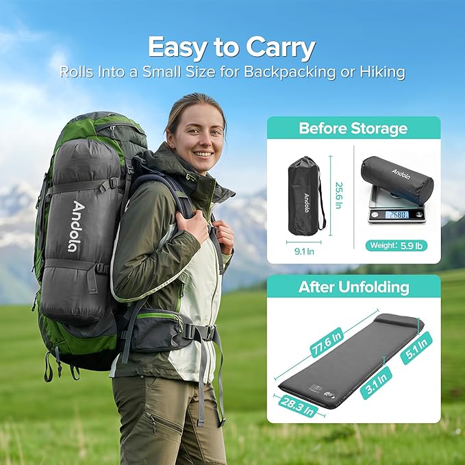 Self-Inflating Sleeping Pad for Camping 3.1 Ultra-Thick Outdoor Camping Mat with Pillow &amp 9.5 R-Value Insulated All-Season Foam Camping Mattress for Camping Travel Tent Car