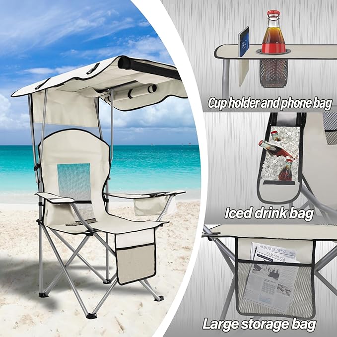 Beach Chair with Canopy Shade Folding Camping Chair Support to 330LBS Outdoor Chair with Cup Holder &amp Cooler Bag for Travel Hiking