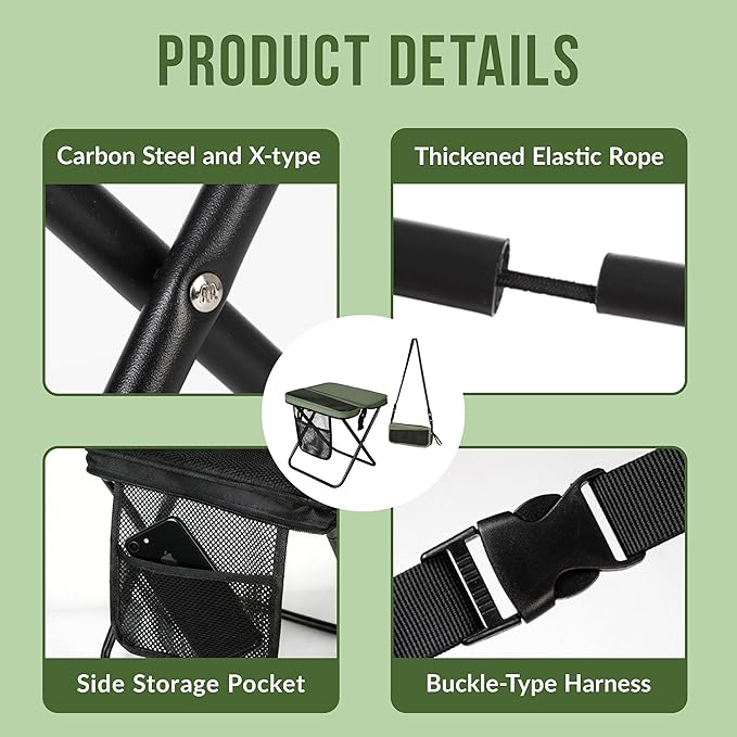 Portable Collapsible Stool - Folding Chair with Storage Pouch Convertible Satchel for Hands-Free Carry &amp Supports 265Lbs Ultralight for Hiking Fishing Camping Festivals (Green)