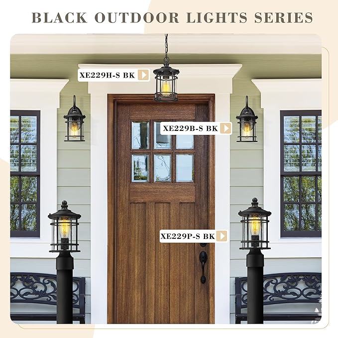 Emliviar Modern Porch Lights 2 Pack - Outdoor Wall Light Fixtures Wall Mount for Garage Black Finish with Seeded Glass Shade XE229B-S-2PK BK