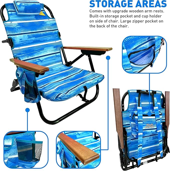 EasyGo Product Backpack Beach Chair 5 Positions and Cup Holder Pouch on Side Padded Pillow Storage Bag on Back Lightweight Rustproof Aluminum Black Frame - 1 Pack Beach Blue