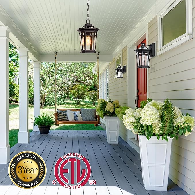 VIANIS Large Outdoor Pendant Light Oil Rubbed Bronze Outside Hanging Lights Hanging Porch Light Fixture with Adjustable Chain 100% Aluminum Waterproof Anti-Rust Ceiling Lighting for House Doorway