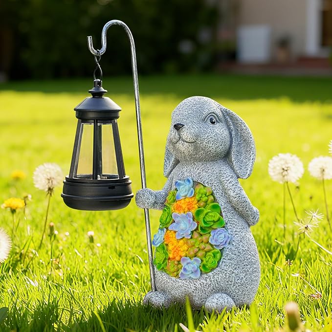 Solar Rabbit Garden Statue with Lantern – Waterproof Resin Outdoor Decor for Yard Lawn Patio Garden – Gift for Easter Christmas Housewarming – Solar Garden Decor