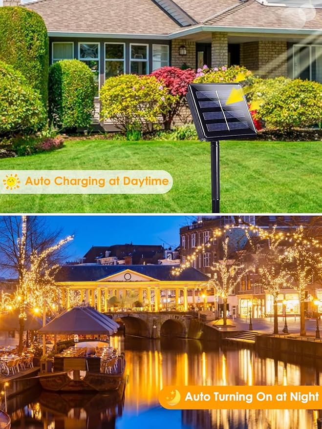 Warm White Solar Christmas Lights Outdoor Decorations Waterproof Tatal 2 Pack 200LED 66FT Solar String Lights Green Wire with 8 Modes Christmas Fairy Light for Xmas Tree Party Wedding Garden Decor