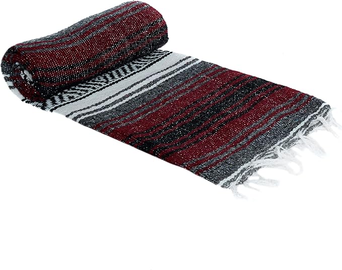La Montana Mexican Blankets and Throws 4 Pack 74x50 - Made in Mexico Lightweight Yoga Blanket for Schools Studios Outdoors Camping Picnic Decor - Machine Washable Burgundy/Charcoal/White