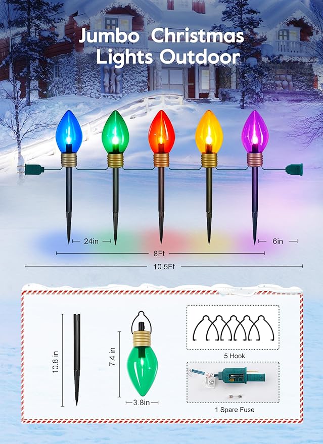 Christmas Lights Jumbo C9 Outdoor Lawn Decorations with Pathway Marker Stakes 2 Pack 8.5 Feet String Lights Covered Jumbo Multicolored Light Bulb for Holiday Outside Yard Garden Decor 10 Lights