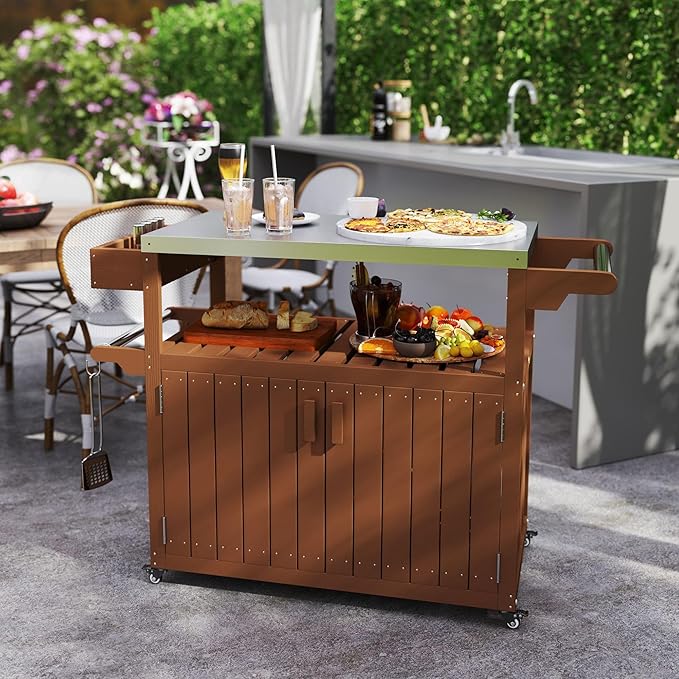Outdoor Bar Cart with Stainless Steel Top 45.7x18.9x35in HDPE Structure 66lb Load Capacity Storage Cabinet Open Shelf Brown