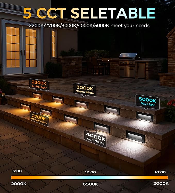 [6 Pack] Cloudy Bay 9 Inch 5CCT Low Voltage LED Outdoor Step Lights 12V-15V 3W/5W Dual-Bright Selectable Landscape Stair LightsExterior Deck Lights AluminumMetal Black