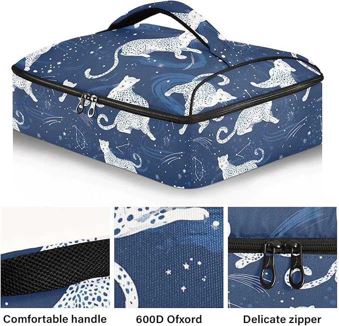 Casserole Carrier Pattern White LeopardsInsulated Casserole Carrier for Hot or Cold Food Thermal Lunch Tote for Potluck Parties Picnic Beach Fits 9 x 13 Inches Baking Dish