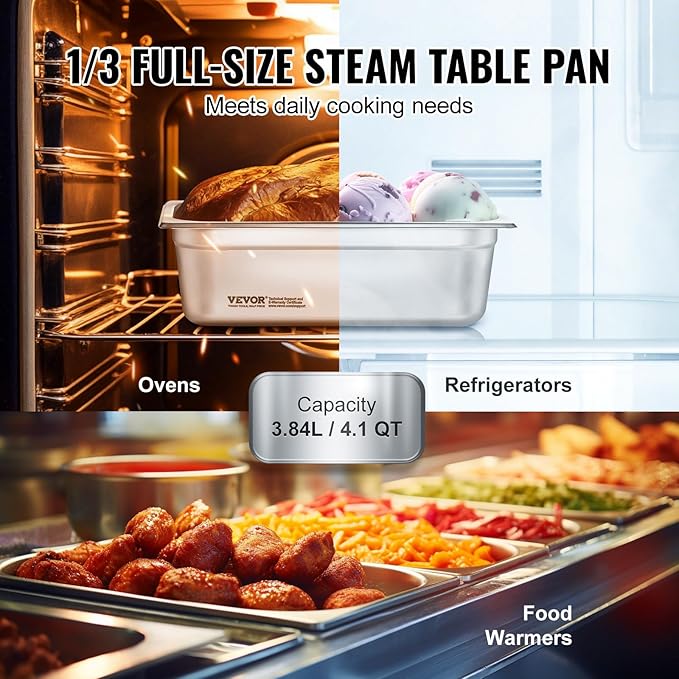 VEVOR 6-Pack Stainless Steel Hotel Pans - 1/3 Size 4-Inch Deep 0.8mm Thick Anti-Jam Commercial Food Pans for Steam Tables Restaurants Catering &amp Industrial Use