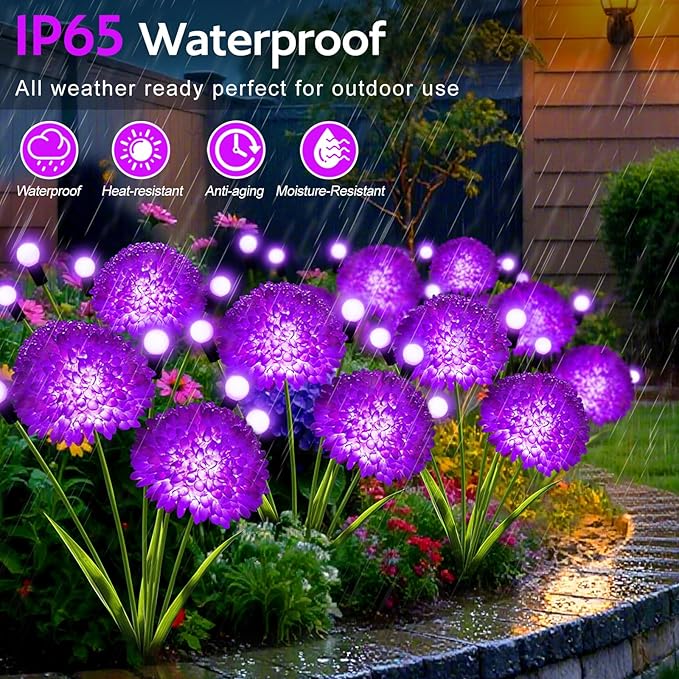 Solar Garden Lights 4 Pack Solar Purple Swaying Firefly Lights with Flowers Waterproof Purple Halloween Flowers Light Outdoor for Garden Patio Yard Fall Decoration Gifts for Women Mother's Day