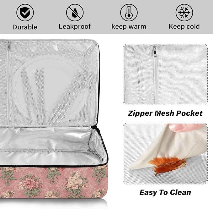 Casserole Carrier Pinkish Vintage Floral PatternInsulated Casserole Carrier for Hot or Cold Food Thermal Lunch Tote for Potluck Parties Picnic Beach Fits 9 x 13 Inches Baking Dish