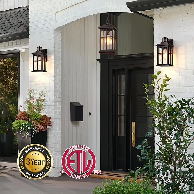 VIANIS Large Outdoor Pendant Lights for Porch Oil Rubbed Bronze Farmhouse Hanging Porch Lights Outdoor with Tempered Glass Anti-Rust Waterproof Exterior Chandelier for Patio with Adjustable Chain