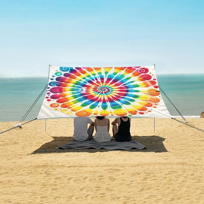 ALAZA Rainbow Swirl Tie Dye Beach Tent Sun Shelter UPF50+ Protection Beach Shade Canopy w/ 4 Sandbags for Outdoor Camping Fishing Backyard Fun Picnic 10x9 ft