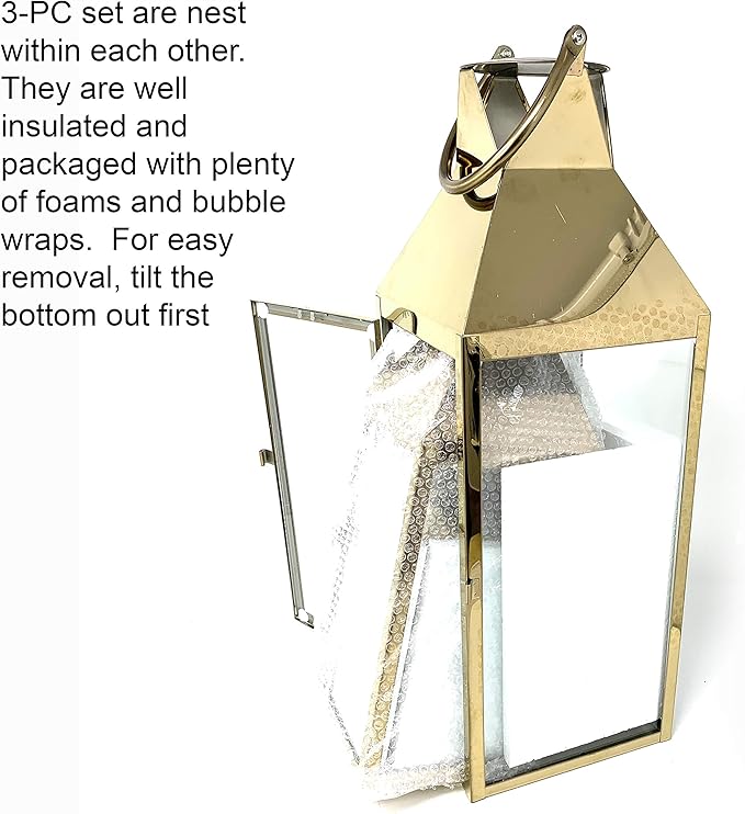 Allgala 3-PC Lantern Set 24 Inch Jumbo Deluxe Modern Indoor/Outdoor Candle Lantern Set Gold Stainless Steel Frame Tempered Glass Pyramid Top for Garden Poolside Fireplace Wedding