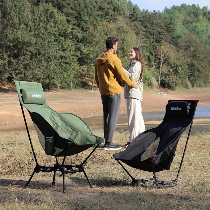 Wildhiker Compact High Back Camping Chair - Foldable with Dual Sitting Modes Pillow Arm Pads and Side Pockets - Lightweight Portable Chair for Motorcycle RV Festival Travel - Black