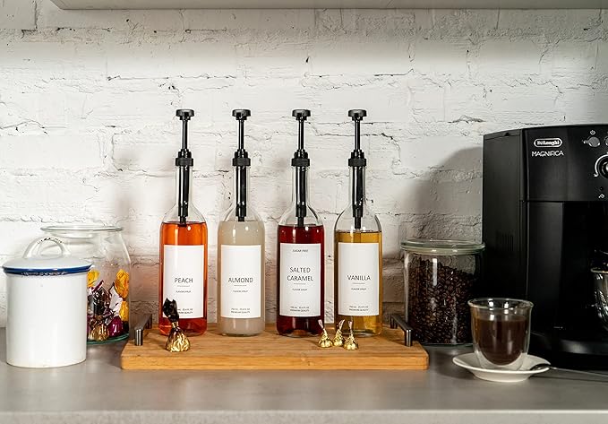 Demi's Home 25.4 oz 750 ml Glass Coffee Syrup Dispenser for Coffee Bar - 4 Pack - Comprehensive Label Set &amp ¼ oz Pumps Included