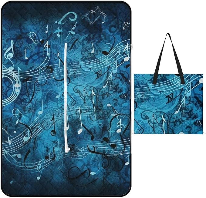 Zipper Blue Musical Notes Style Picnic Mat Suitable for Travel Camping Park Or Home Use