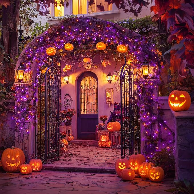 JMEXSUSS Orange and Purple Halloween Lights Battery Operated Each 33 FT Indoor Halloween Lights Outdoor Waterproof 2 Pack 100 LED Christmas Light for Christmas Tree Decor