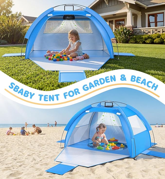 Baby Beach Tent Solar Cooling Fan Anti-UV Toddler Beach Tent Sun Shelter Portable Travel Fan Beach Shade Tent Baby Play Tent Built-in Ceiling Fan Sun Shelters Toddler Beach Essentials
