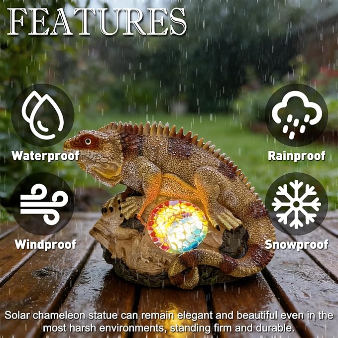 Solar Chameleon Garden Statues Decor for Outdoor Khaki Chameleon Figurine Lights for Lawn Patio Yard Decoration - Unique Christmas Housewarming Gifts for Grandma Wowen Mom