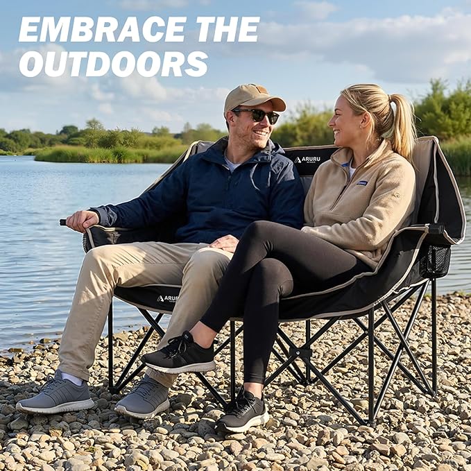 Double Camping Chair Padded Oversized Camping Loveseat for Adults 2 Person Couch Two Seat Support 600LBS Heavy Duty Folding Camp Lawns Chairs for Outdoor Beach Backyard Tailgating Sports