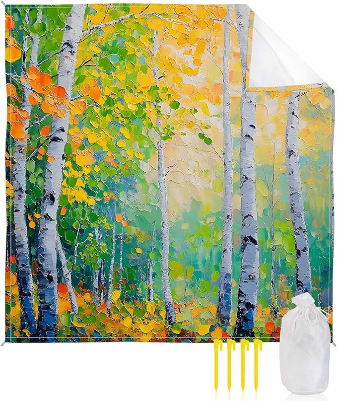 Modern Summer Plant Beach Blanket Waterproof Sandproof Country Oil Painting Birch Beach Mat Quick Drying Outdoor Picnic Mat 118 x 108 for 1-8 Adults Essentials for Travel Camping Hiking